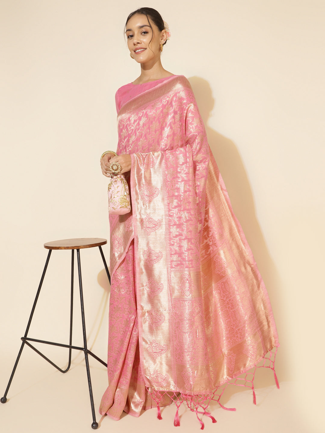 Janasya Light Pink Chanderi Silk Floral Woven Design Saree