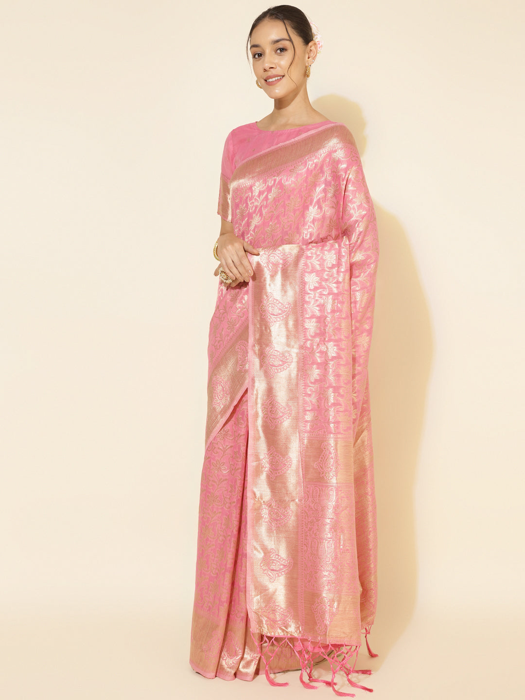 Janasya Light Pink Chanderi Silk Floral Woven Design Saree