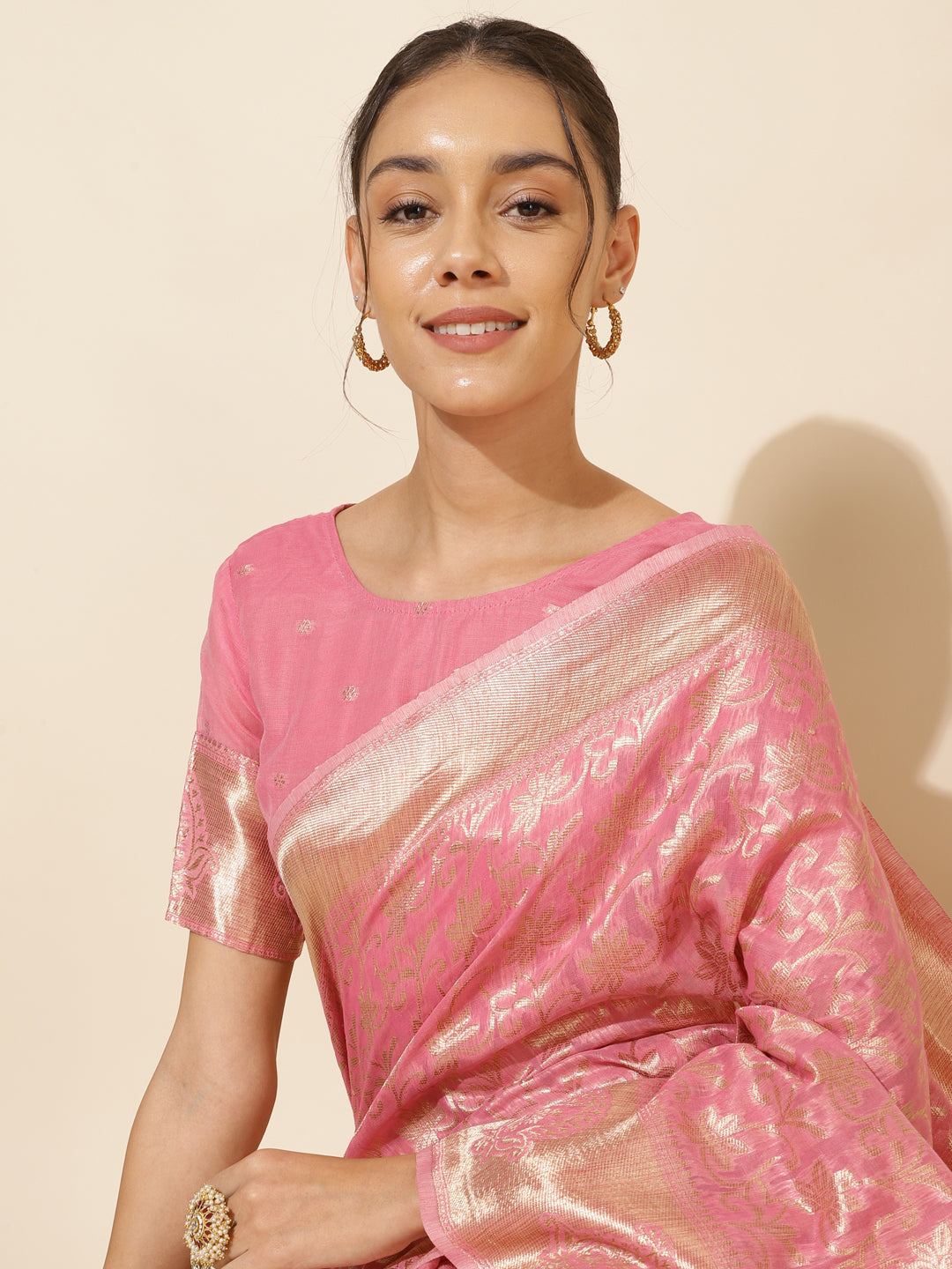 Janasya Light Pink Chanderi Silk Floral Woven Design Saree