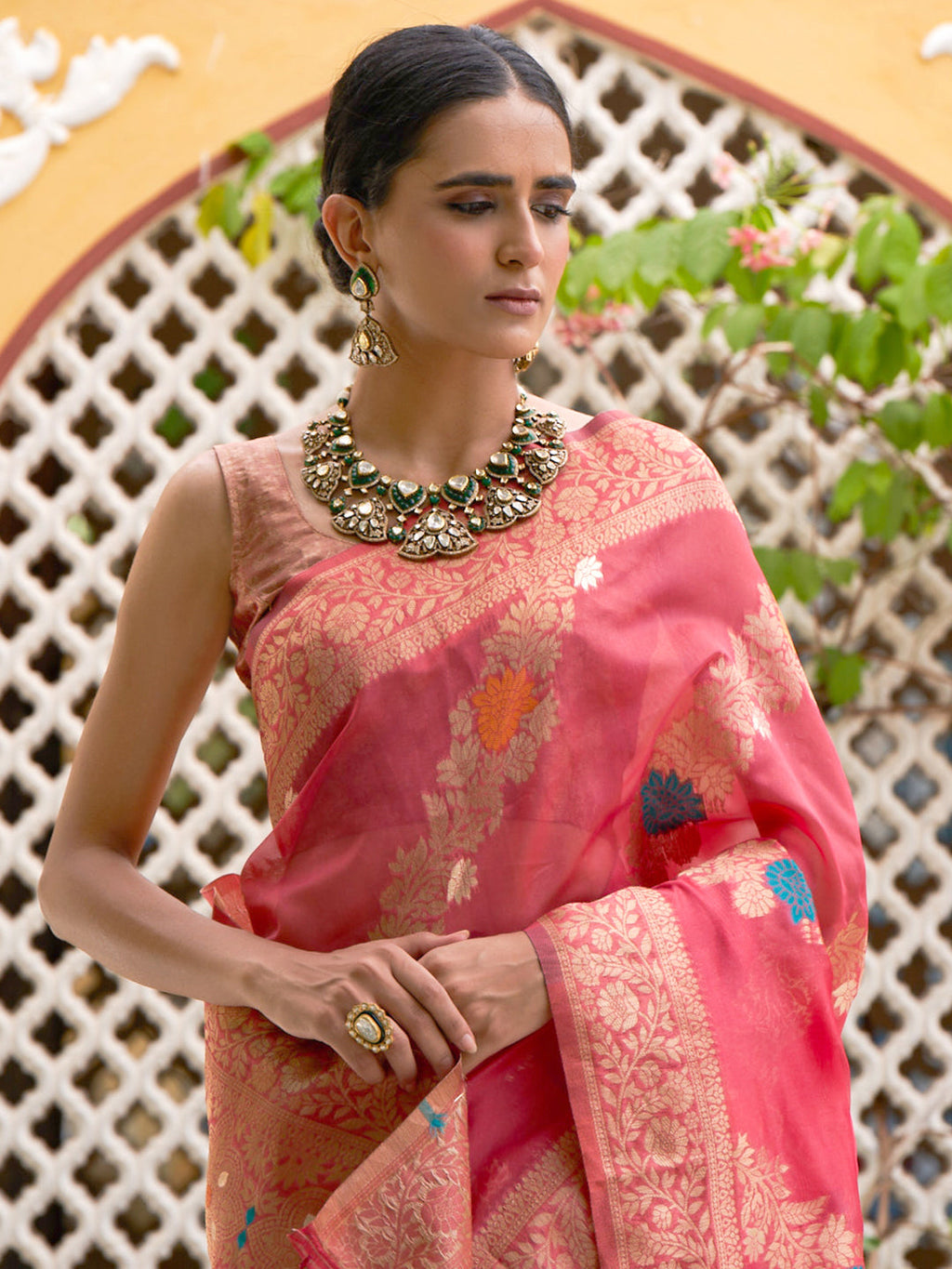 Janasya Pink Organza Woven Leheriya Kanjeevaram Saree