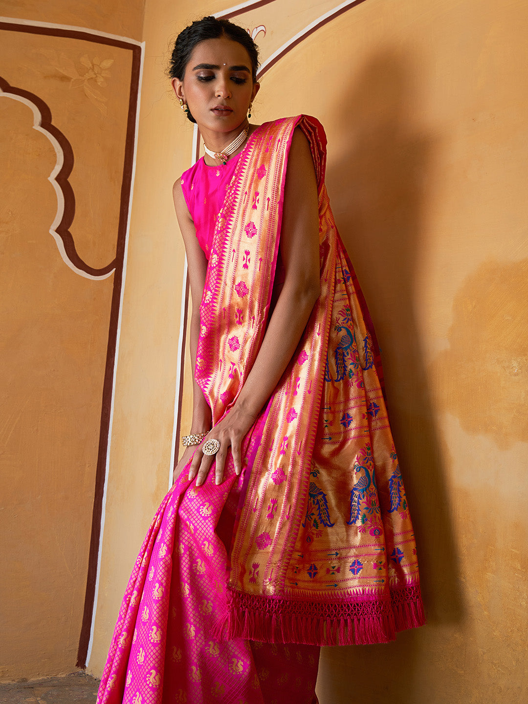Janasya Fushia Pink Paithani Silk Woven Ethnic Motifs Paithani Silk Saree