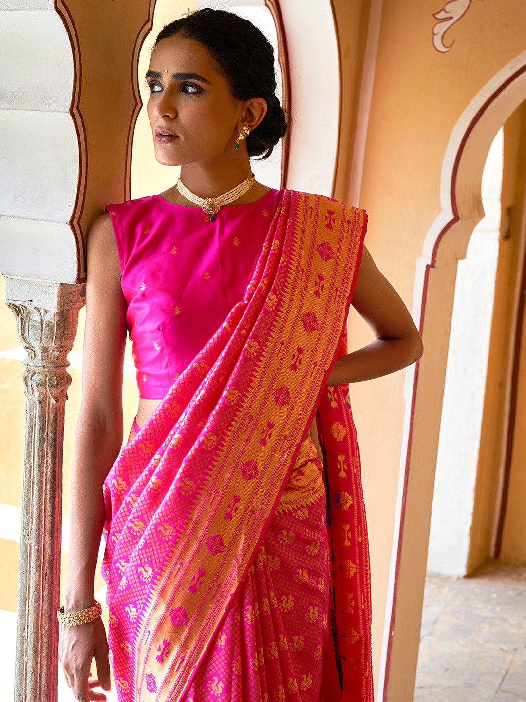 Janasya Fushia Pink Paithani Silk Woven Ethnic Motifs Paithani Silk Saree