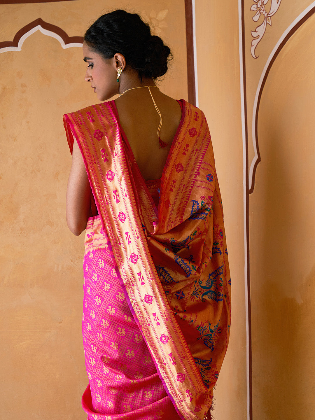 Janasya Fushia Pink Paithani Silk Woven Ethnic Motifs Paithani Silk Saree