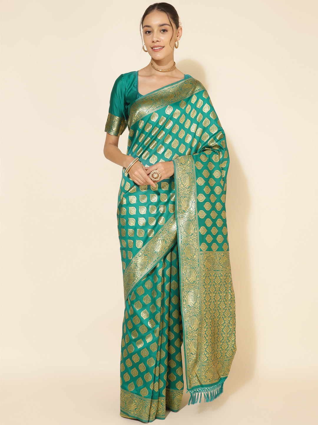 Janasya Rama Green Banarasi Silk Ethnic Motifs Woven Design Saree