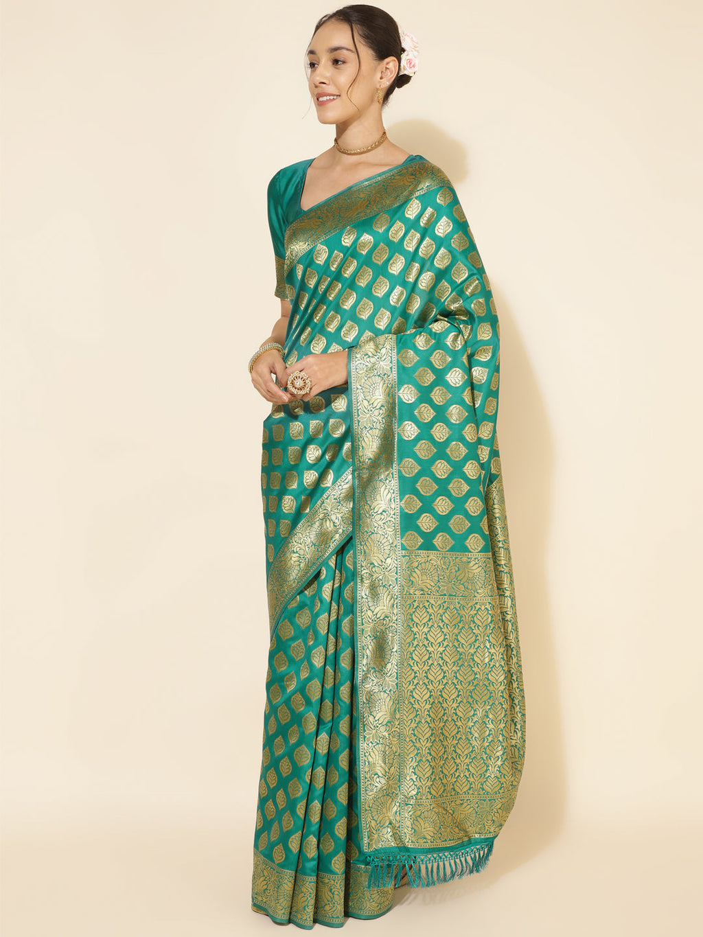 Janasya Rama Green Banarasi Silk Ethnic Motifs Woven Design Saree