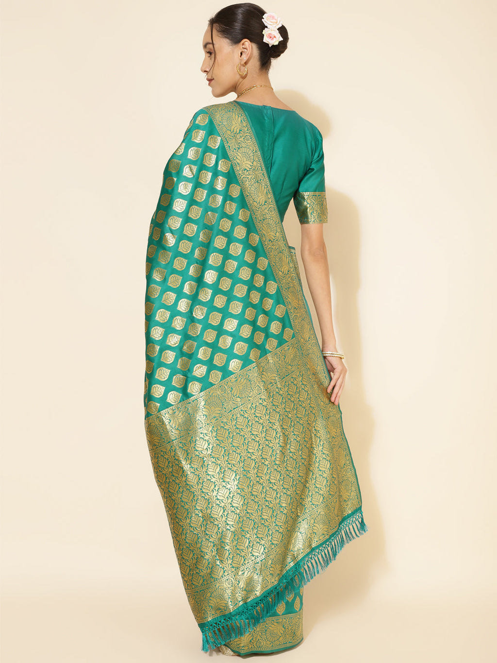 Janasya Rama Green Banarasi Silk Ethnic Motifs Woven Design Saree