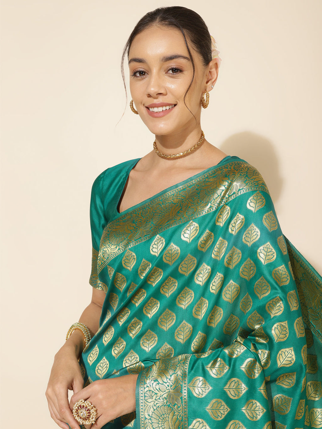 Janasya Rama Green Banarasi Silk Ethnic Motifs Woven Design Saree