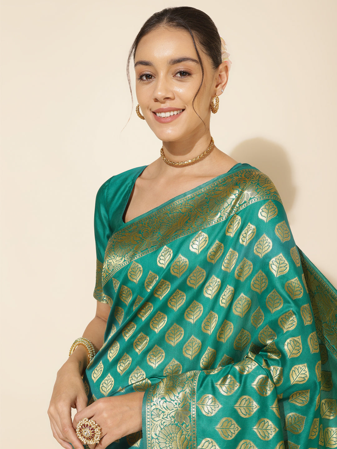 Janasya Rama Green Banarasi Silk Ethnic Motifs Woven Design Saree