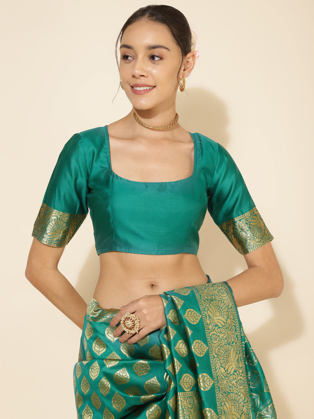 Janasya Rama Green Banarasi Silk Ethnic Motifs Woven Design Saree