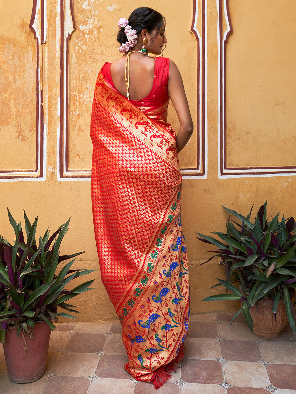 Janasya Red Paithani Silk Woven Ethnic Motifs Paithani Silk Saree