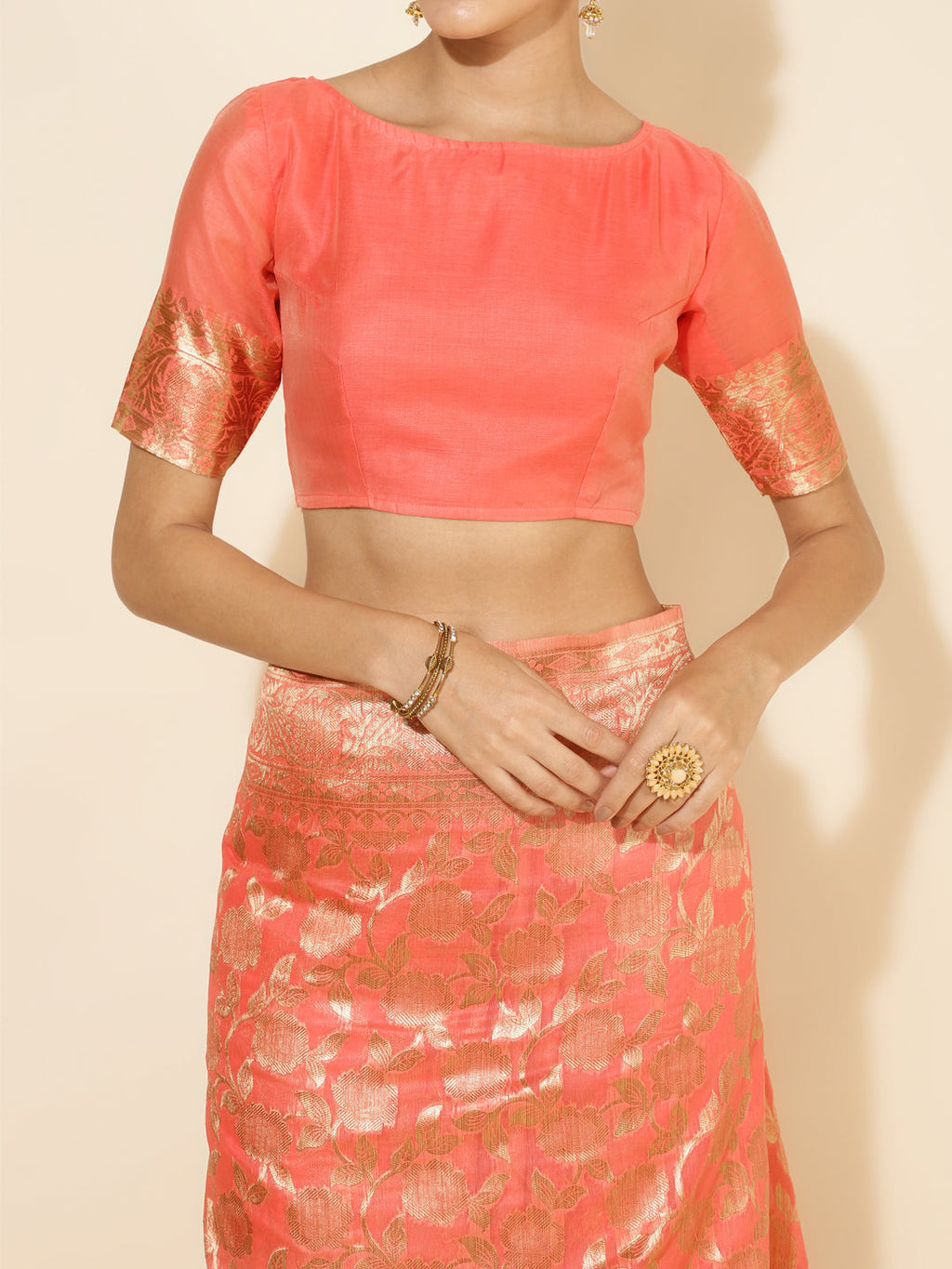 Janasya Peach Chanderi Silk Floral Woven Design Saree