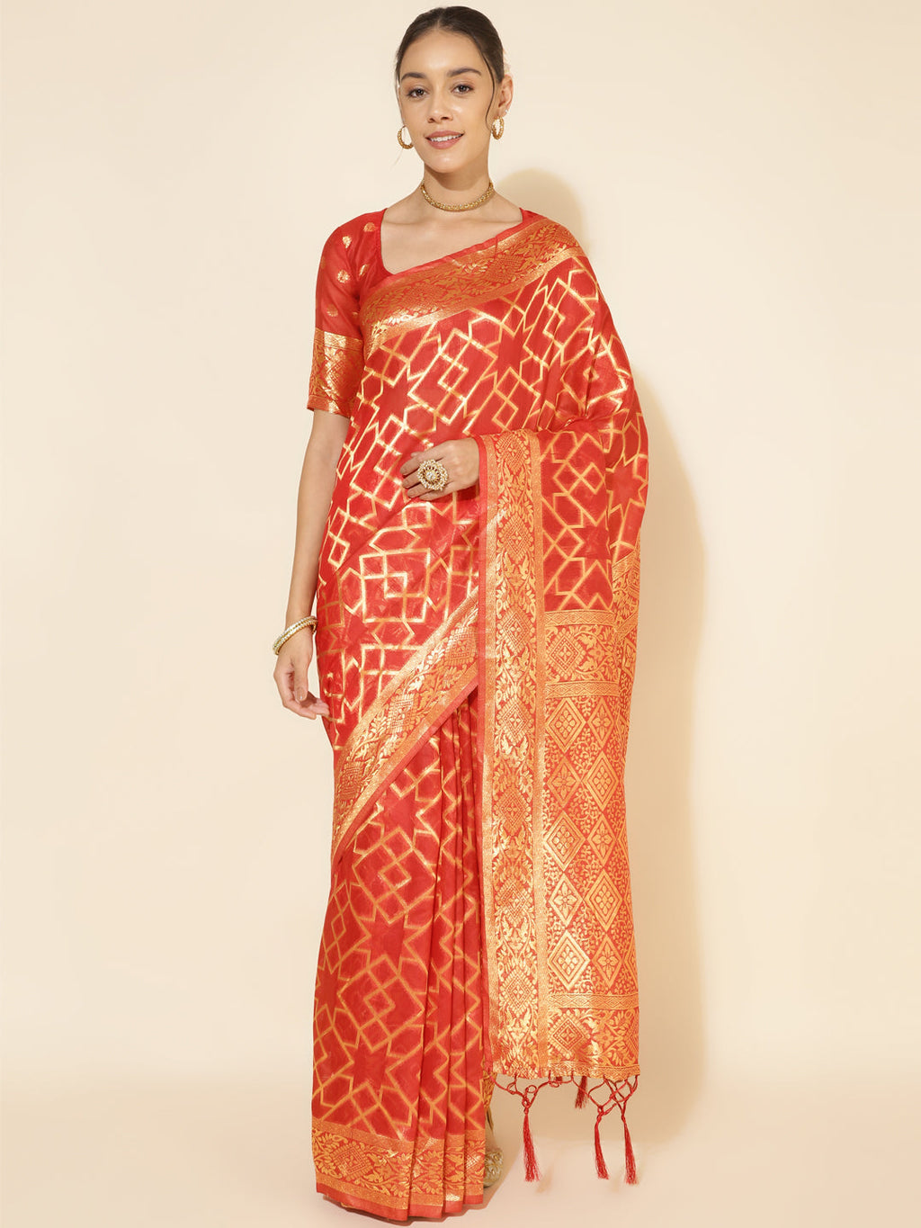 Janasya Red Chanderi Silk Woven Geometric Chanderi Silk Saree