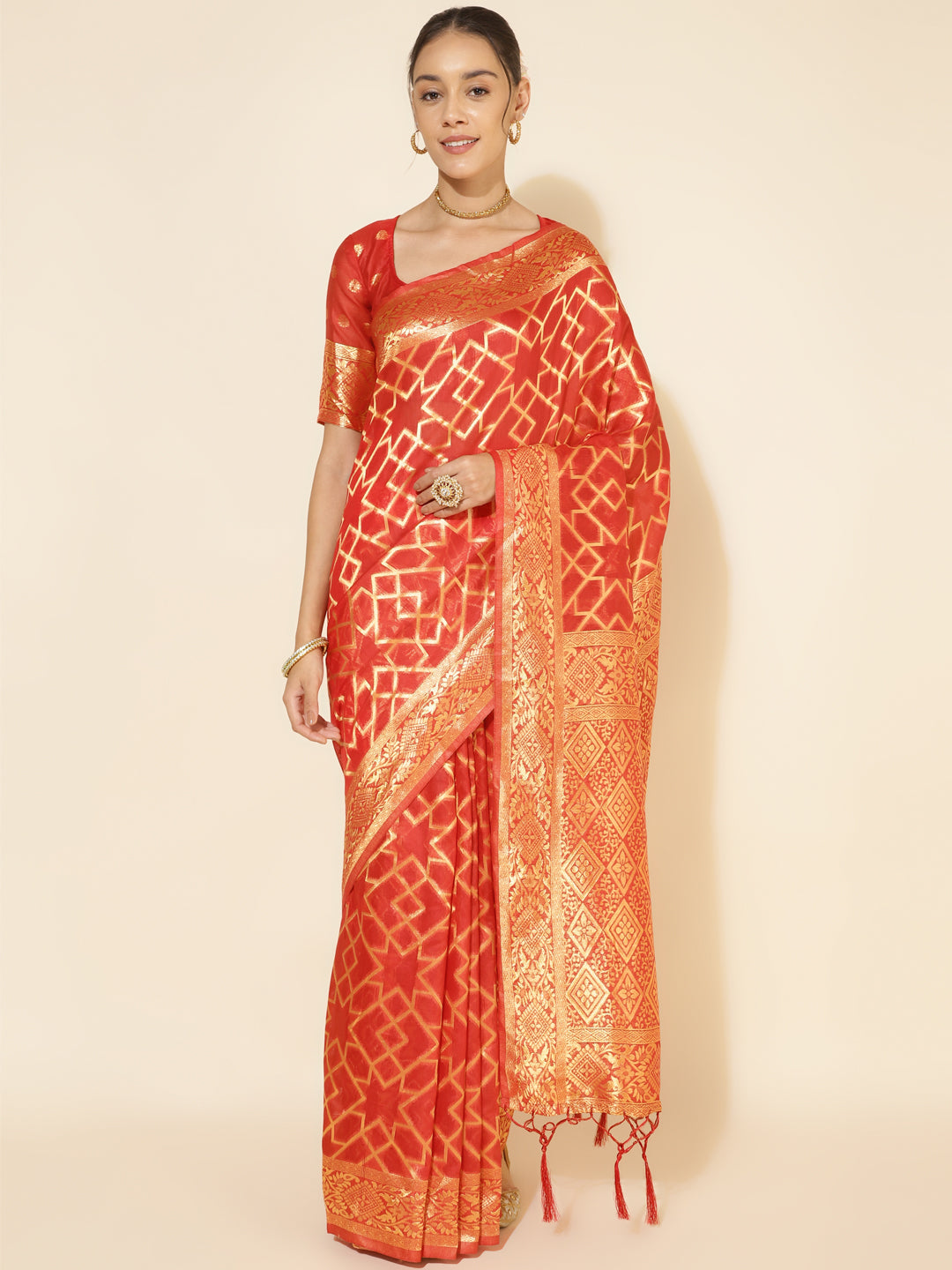 Janasya Red Chanderi Silk Woven Geometric Chanderi Silk Saree