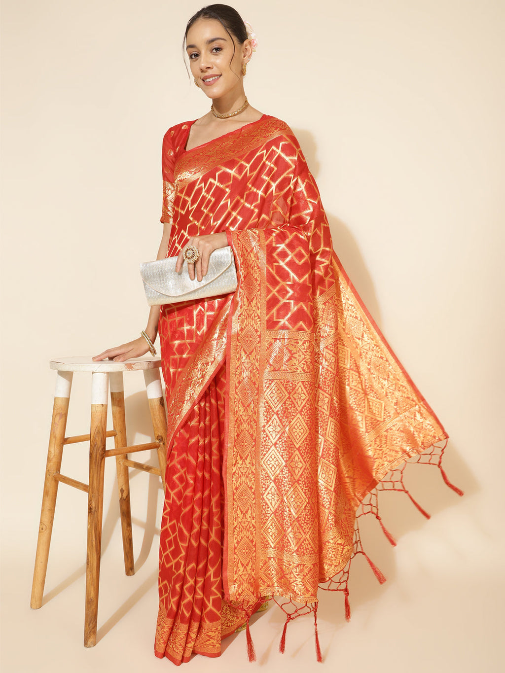 Janasya Red Chanderi Silk Woven Geometric Chanderi Silk Saree