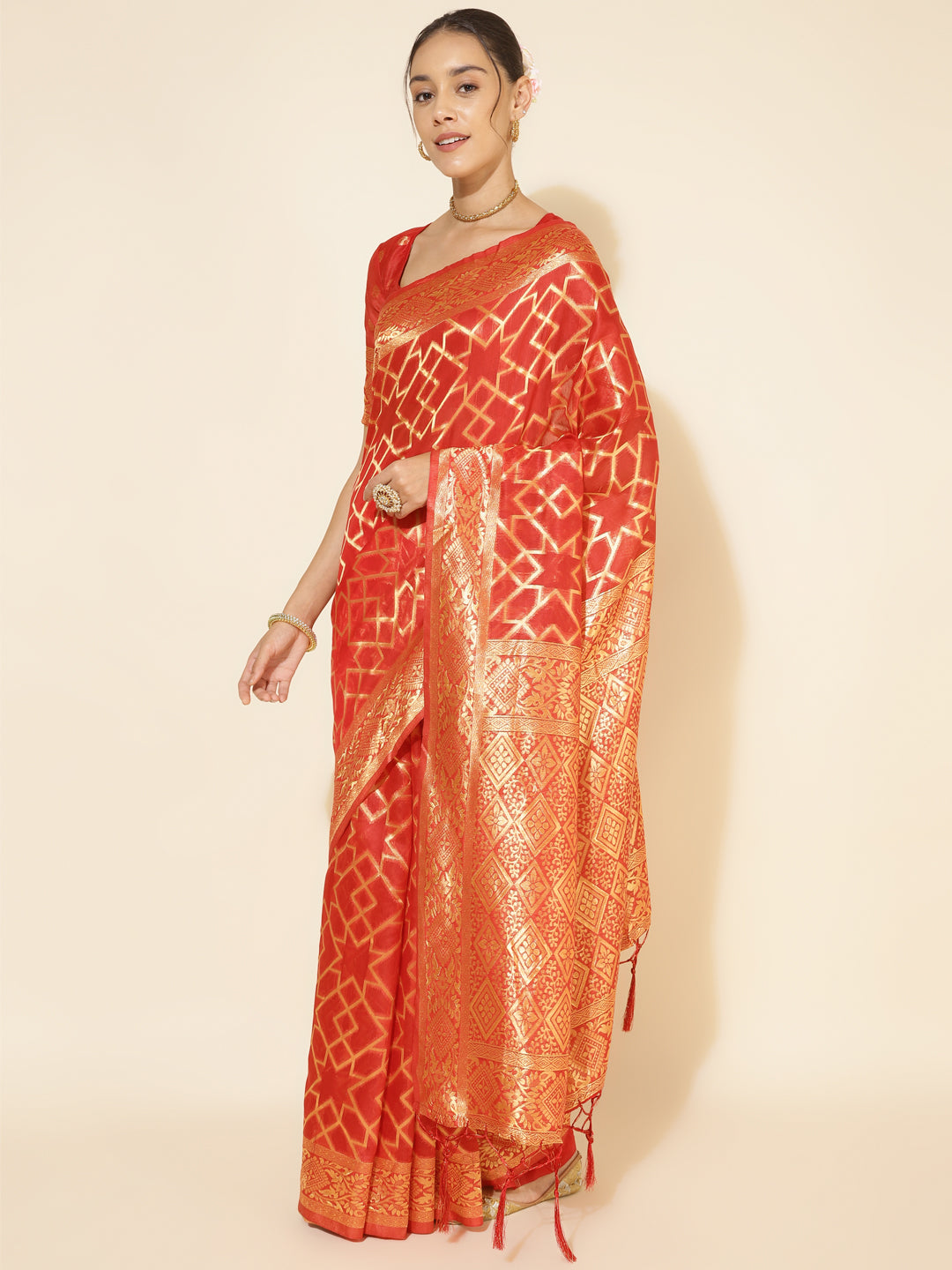 Janasya Red Chanderi Silk Woven Geometric Chanderi Silk Saree