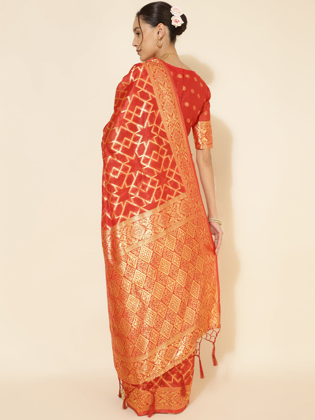 Janasya Red Chanderi Silk Woven Geometric Chanderi Silk Saree