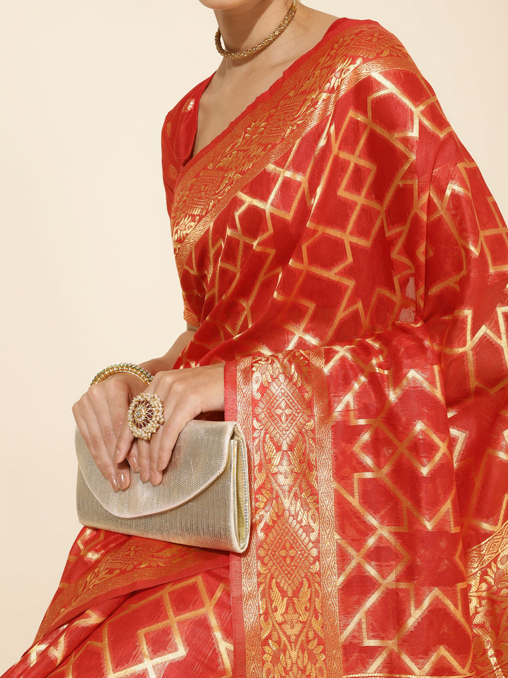 Janasya Red Chanderi Silk Woven Geometric Chanderi Silk Saree