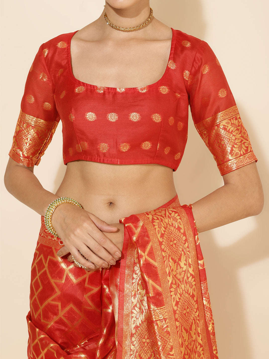 Janasya Red Chanderi Silk Woven Geometric Chanderi Silk Saree
