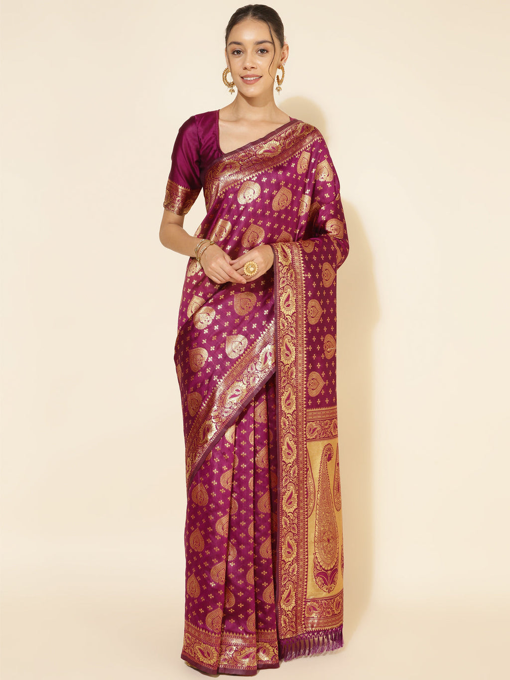 Janasya Wine Banarasi Silk Woven Ethnic Motifs Banarasi Silk Saree