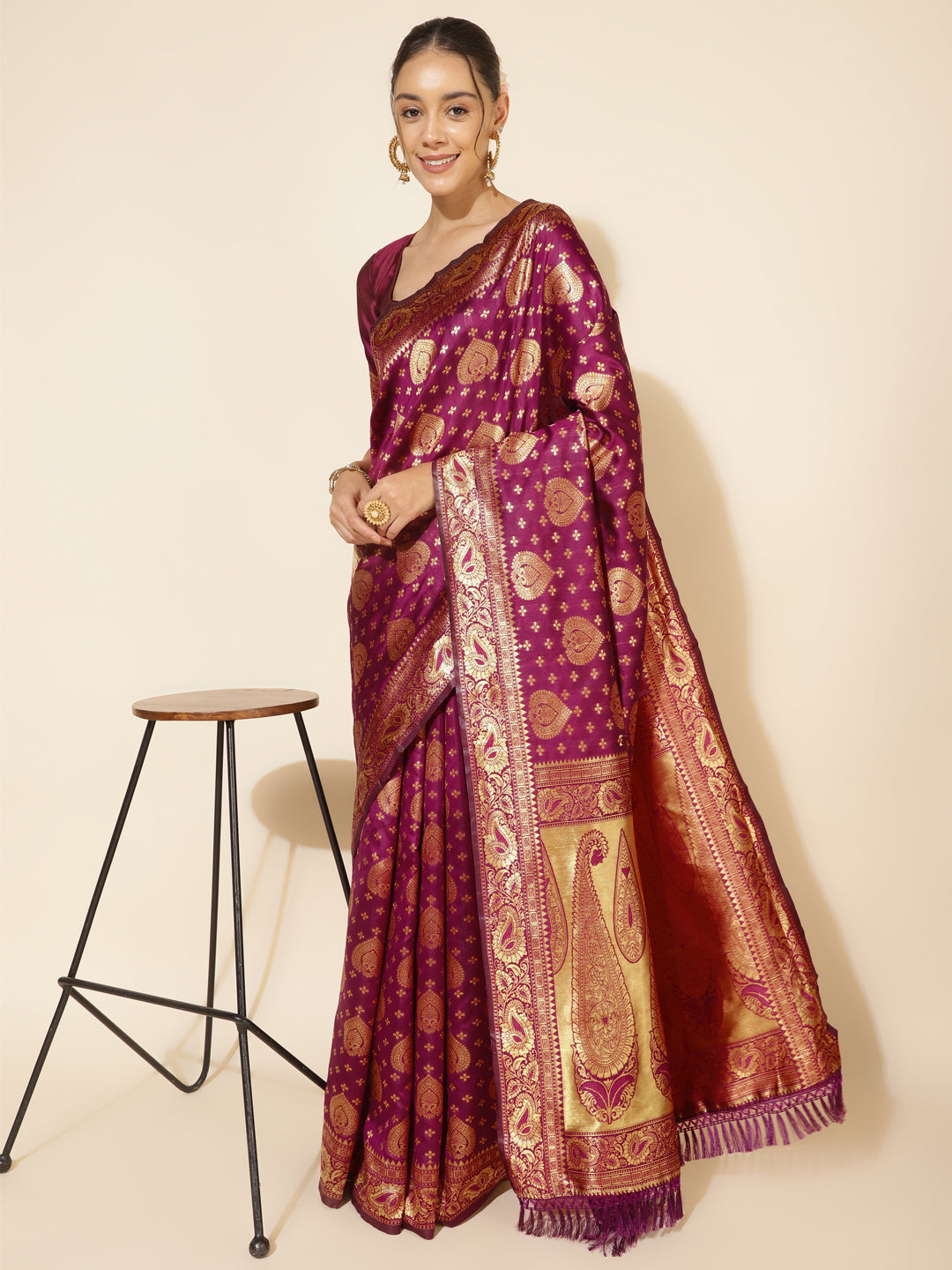Janasya Wine Banarasi Silk Woven Ethnic Motifs Banarasi Silk Saree