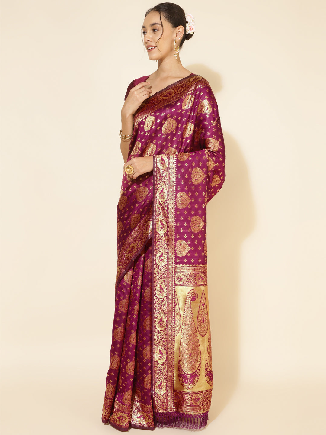 Janasya Wine Banarasi Silk Woven Ethnic Motifs Banarasi Silk Saree