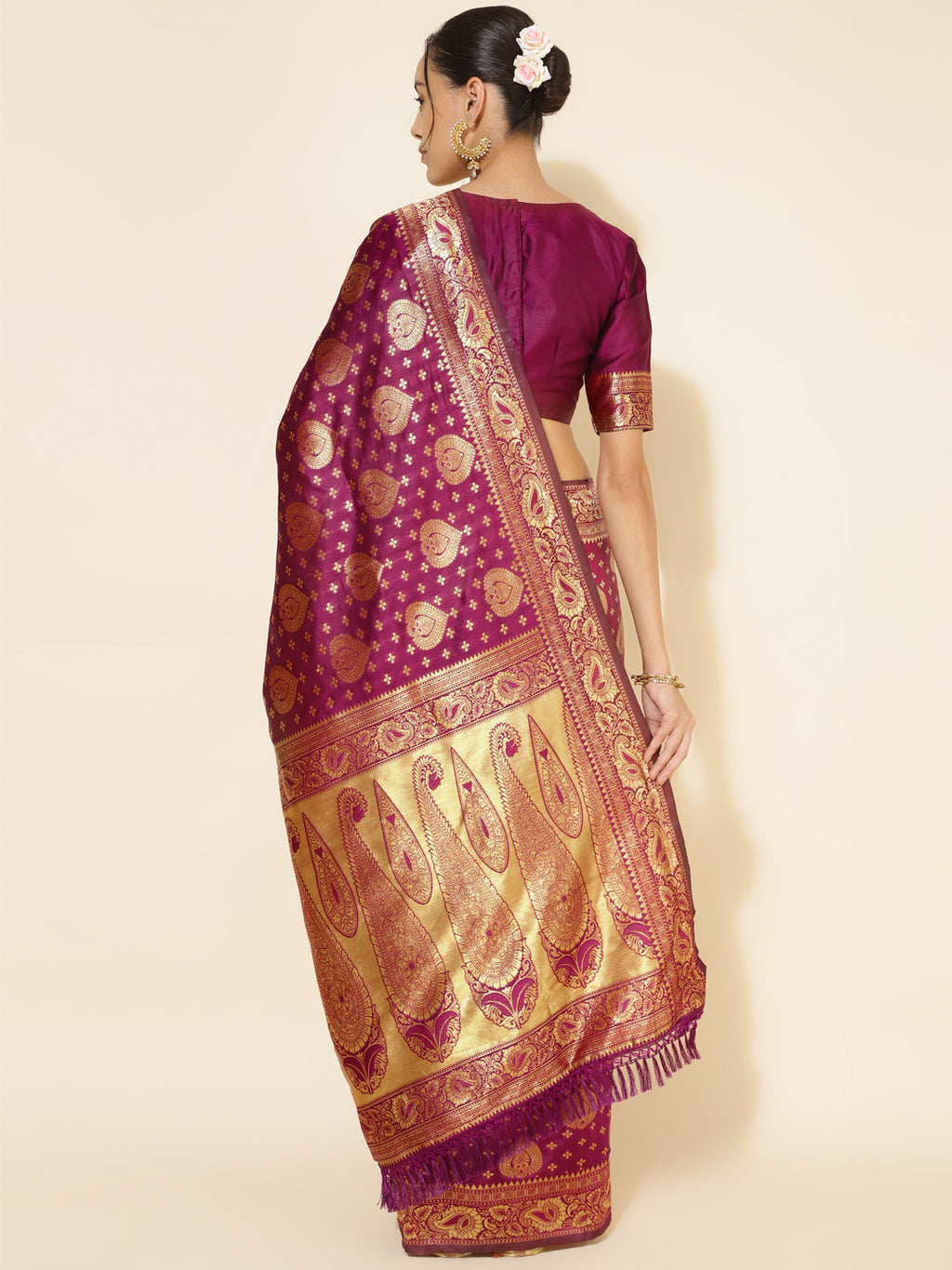 Janasya Wine Banarasi Silk Woven Ethnic Motifs Banarasi Silk Saree