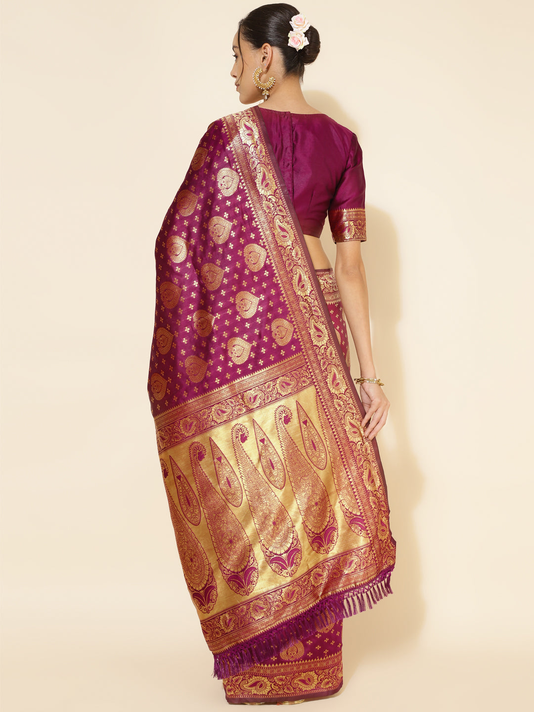 Janasya Wine Banarasi Silk Woven Ethnic Motifs Banarasi Silk Saree