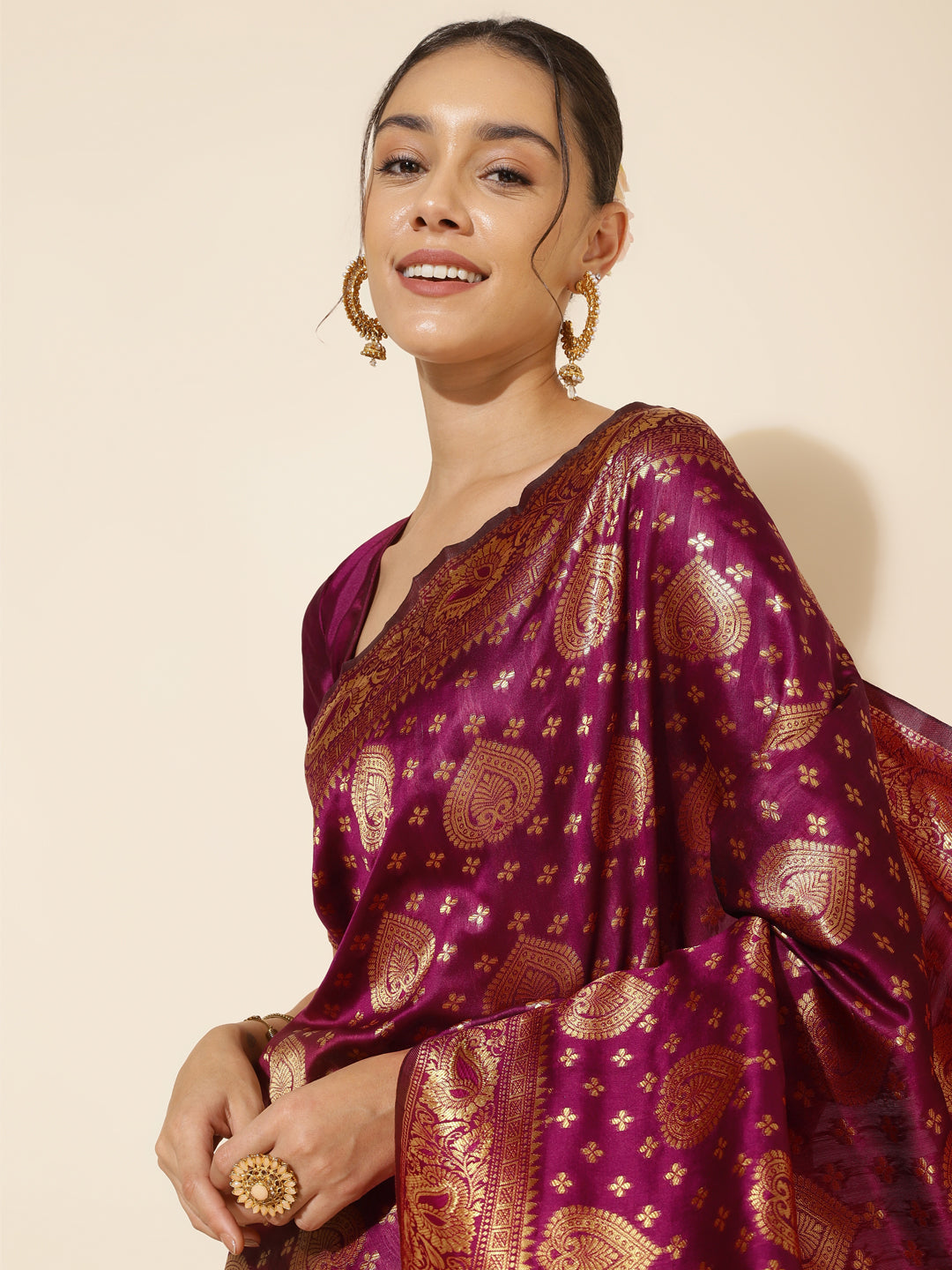 Janasya Wine Banarasi Silk Woven Ethnic Motifs Banarasi Silk Saree