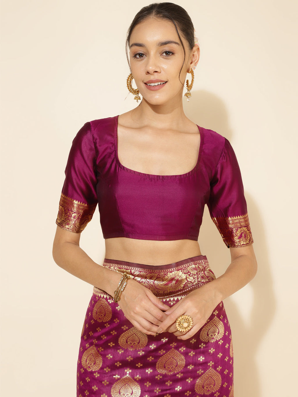 Janasya Wine Banarasi Silk Woven Ethnic Motifs Banarasi Silk Saree