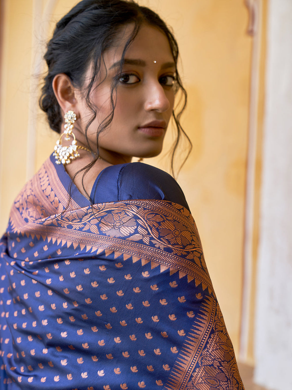 Janasya Navy Blue Banarasi Silk Ethnic Motifs Woven Design Saree