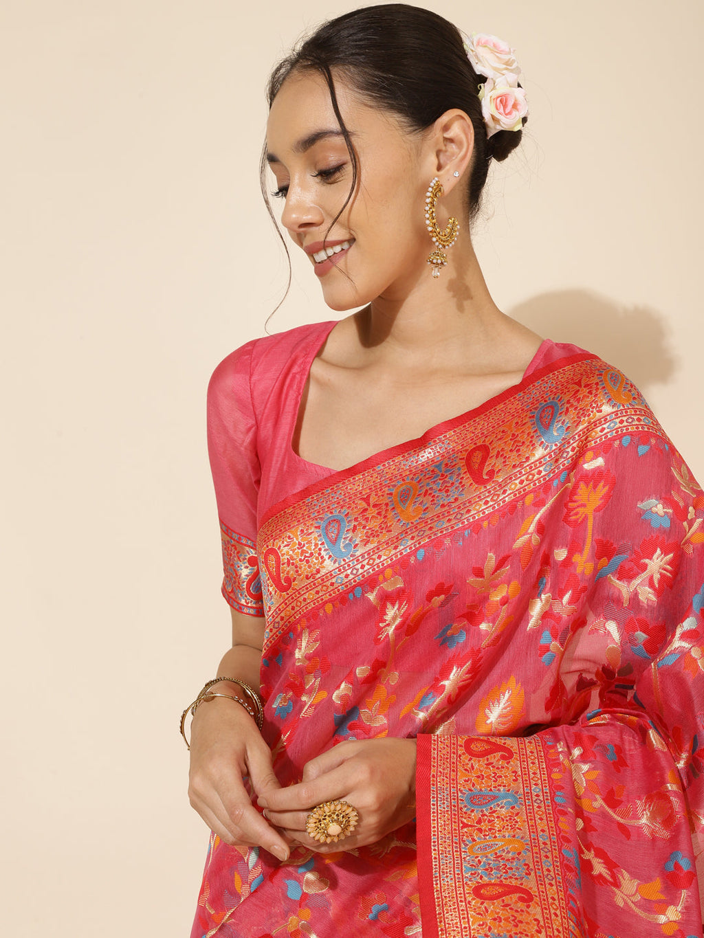 Janasya Pink Chanderi Silk Pashmina Woven Design Saree