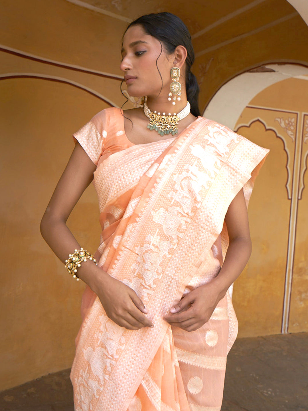 Janasya Peach Linen Cotton Leheriya Woven Design Saree