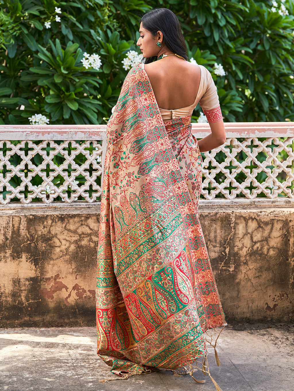Janasya Beige Cotton Silk Pashmina Woven Design Saree