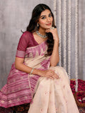 Janasya Beige & Mauve Cotton Linen Geometric Woven Saree