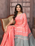 Janasya Peach Cotton Ethnic Print Jacquard Saree