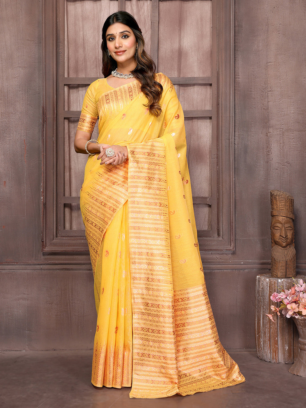 Janasya Yellow Cotton Linen Paisley Woven Saree