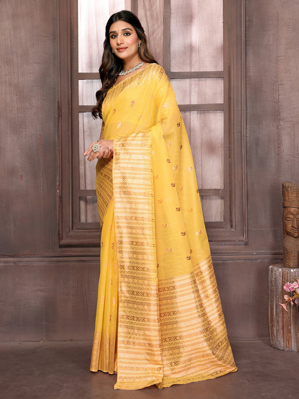 Janasya Yellow Cotton Linen Paisley Woven Saree