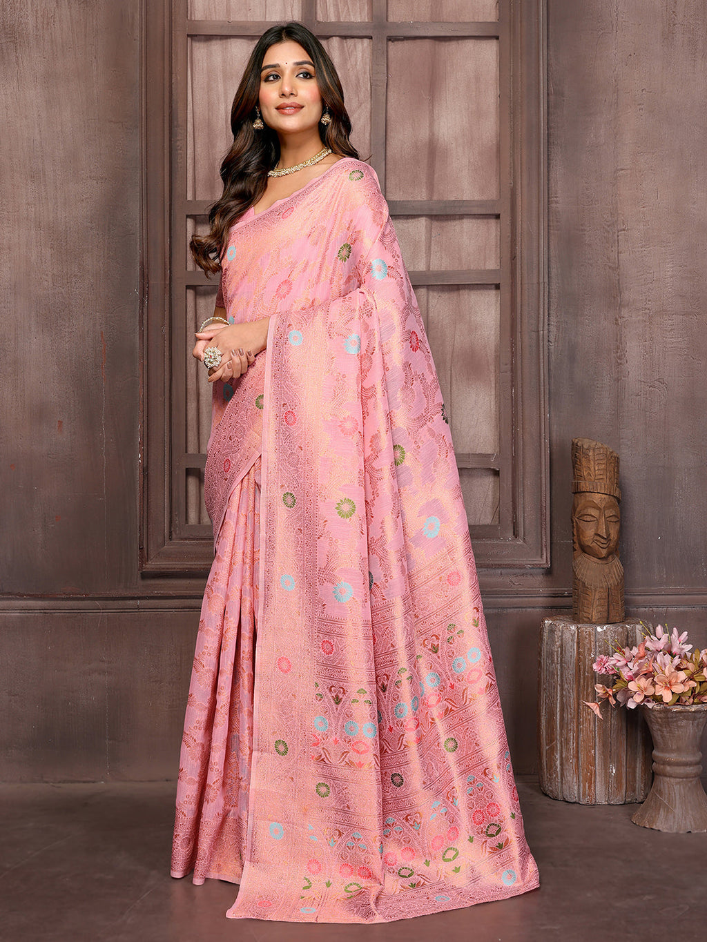 Janasya Pink Cotton Linen Floral Woven Saree