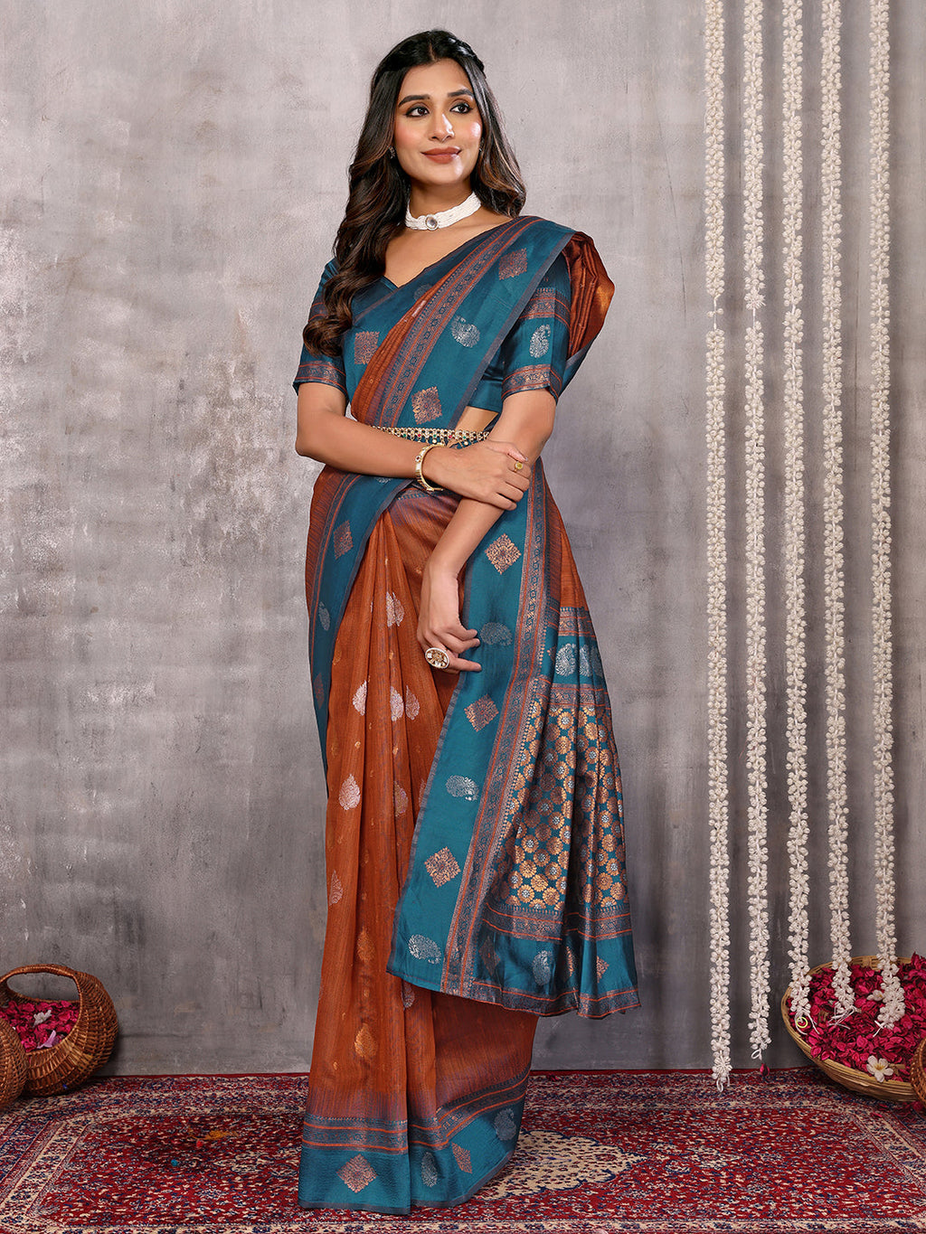 Janasya Rust Cotton Linen Paisley Kanjivaram Saree
