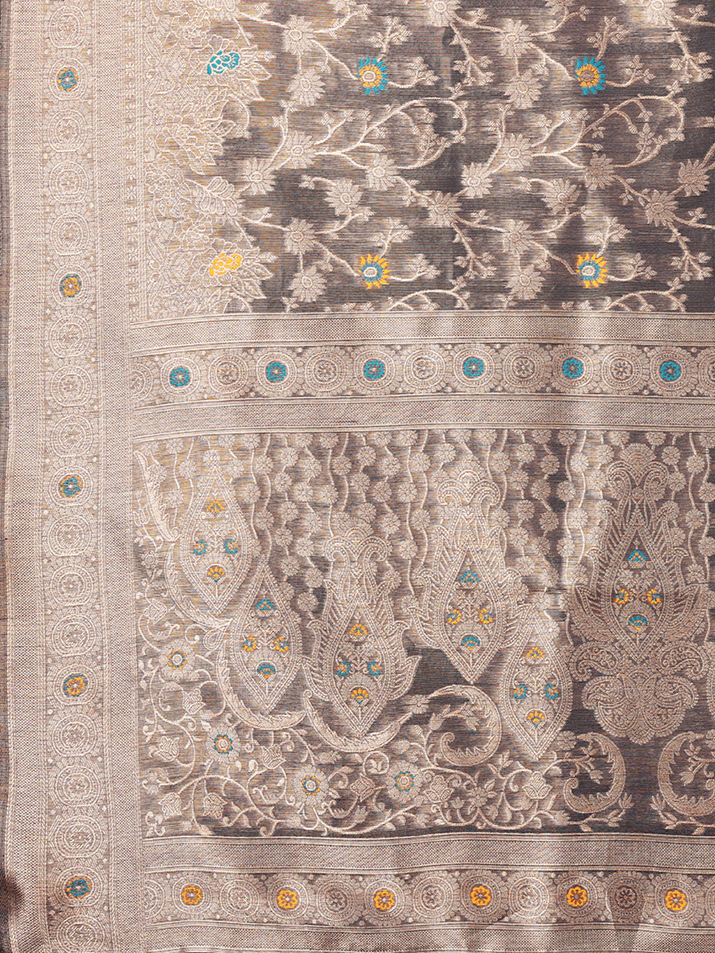 Janasya Blue & Gold Silk Blend Floral Banarasi Saree