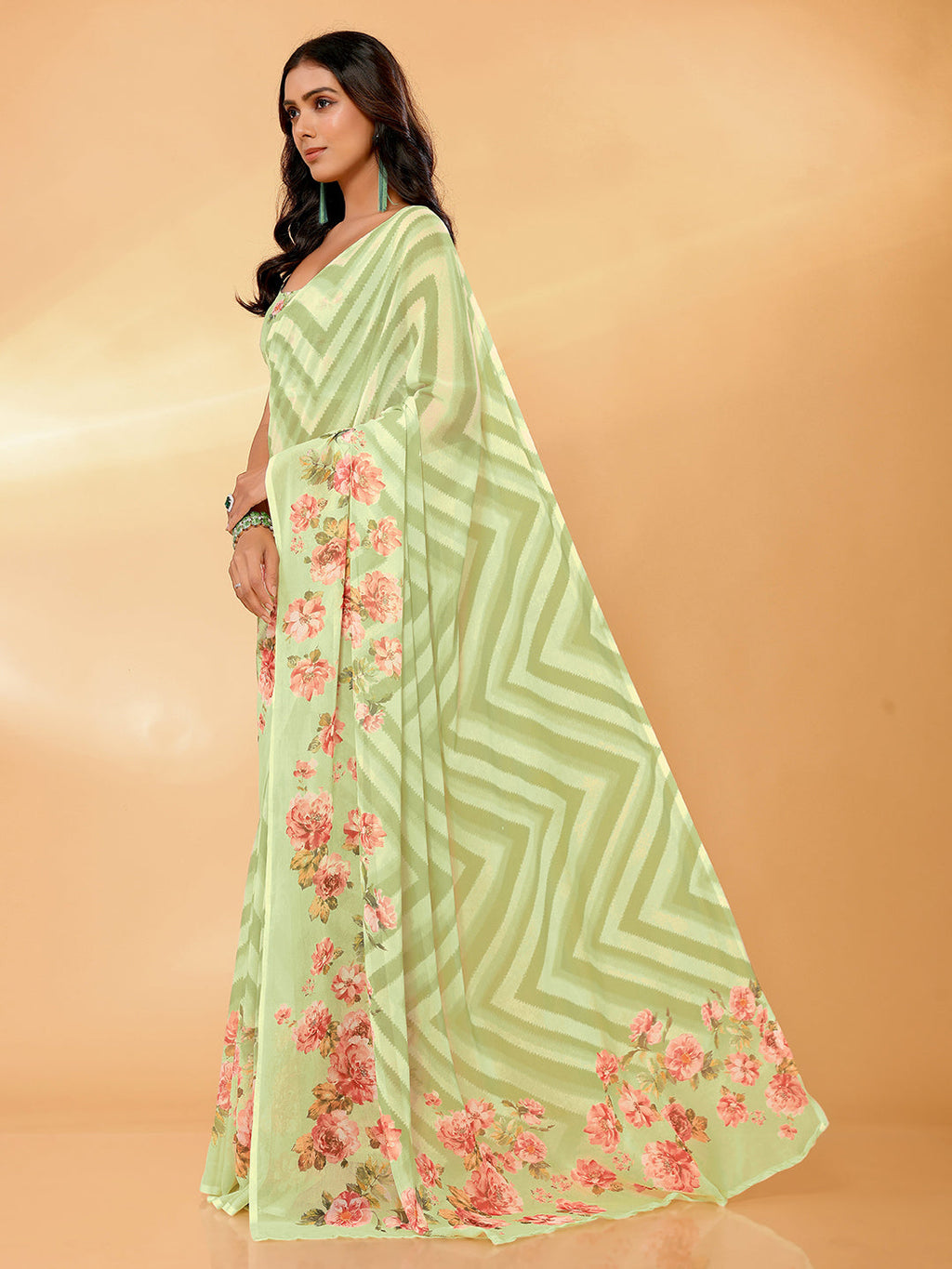 Janasya Light Green Georgette Floral Printed Saree
