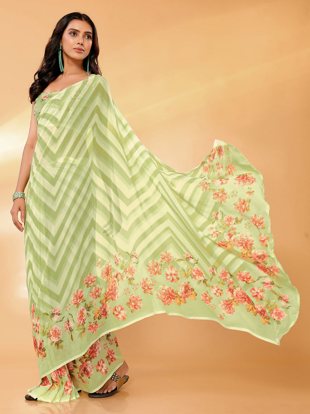 Janasya Light Green Georgette Floral Printed Saree