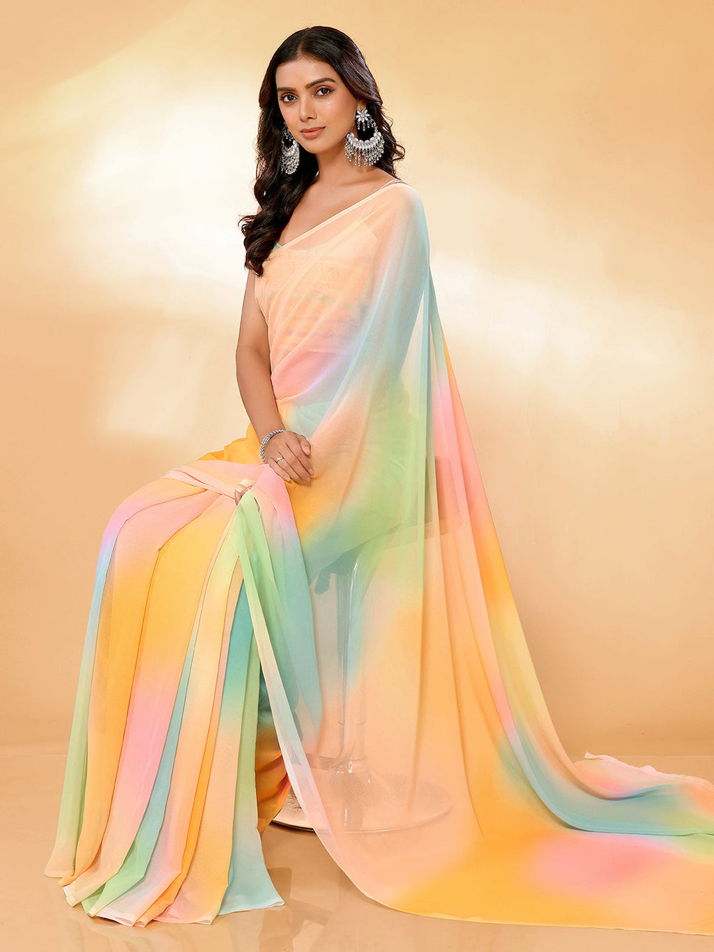 Janasya Multicolor Georgette Ombre Printed Saree