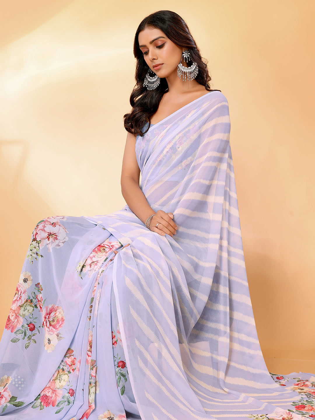 Janasya Lavender Georgette Floral Printed Saree