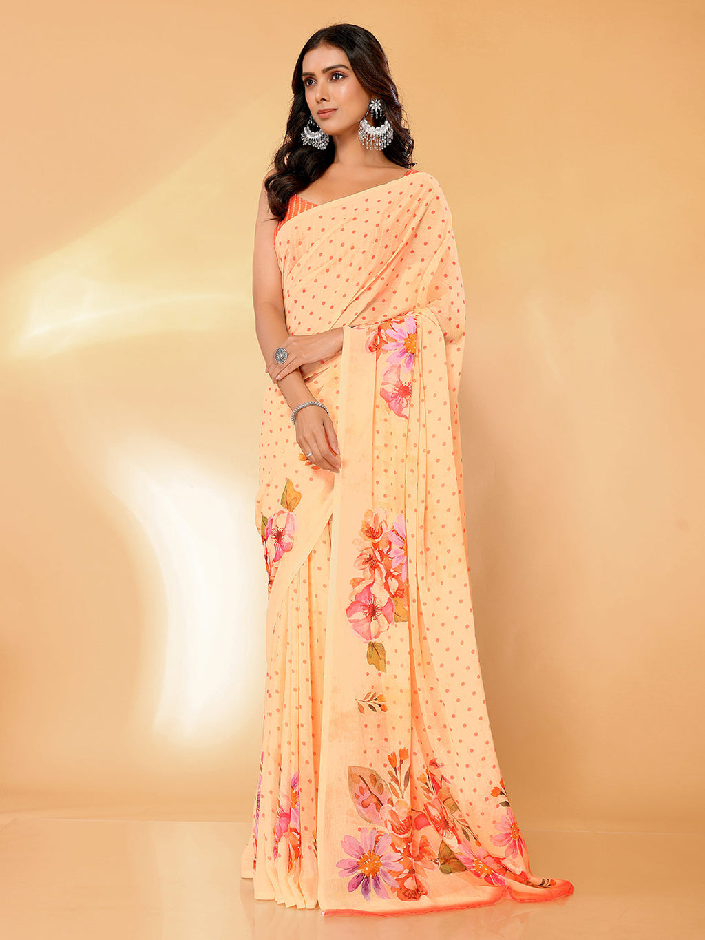 Janasya Peach Georgette Floral Printed Saree