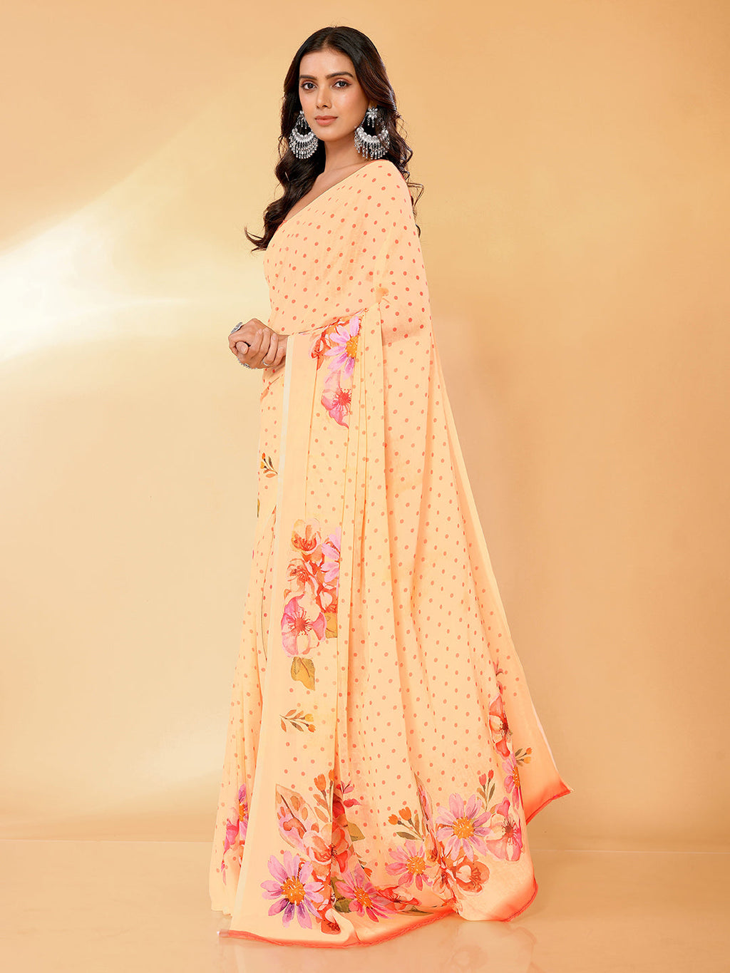 Janasya Peach Georgette Floral Printed Saree