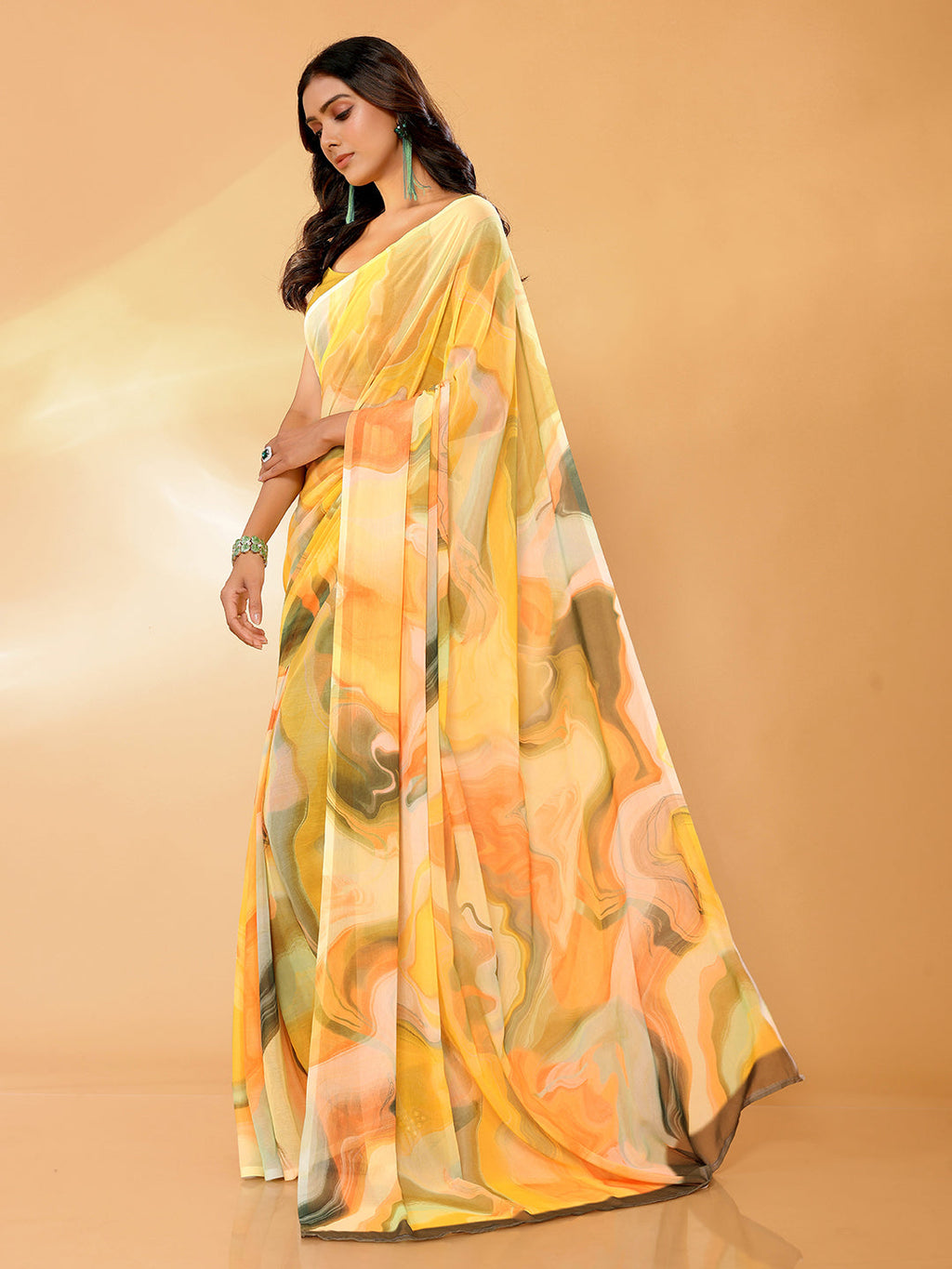 Janasya Multicolor Georgette Abstract Printed Saree