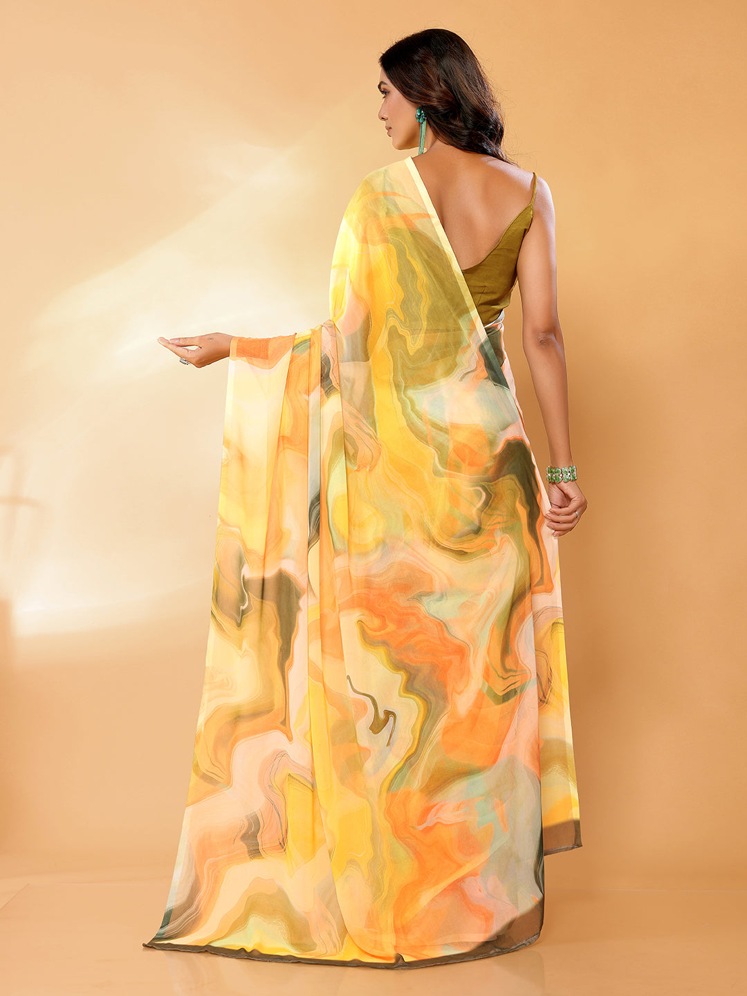 Janasya Multicolor Georgette Abstract Printed Saree