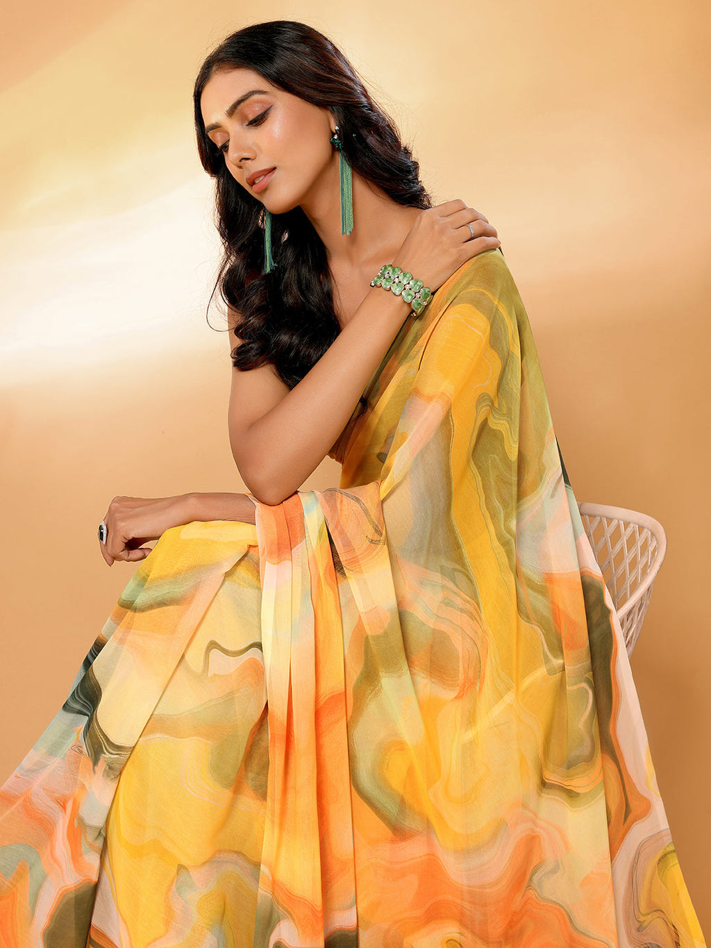 Janasya Multicolor Georgette Abstract Printed Saree