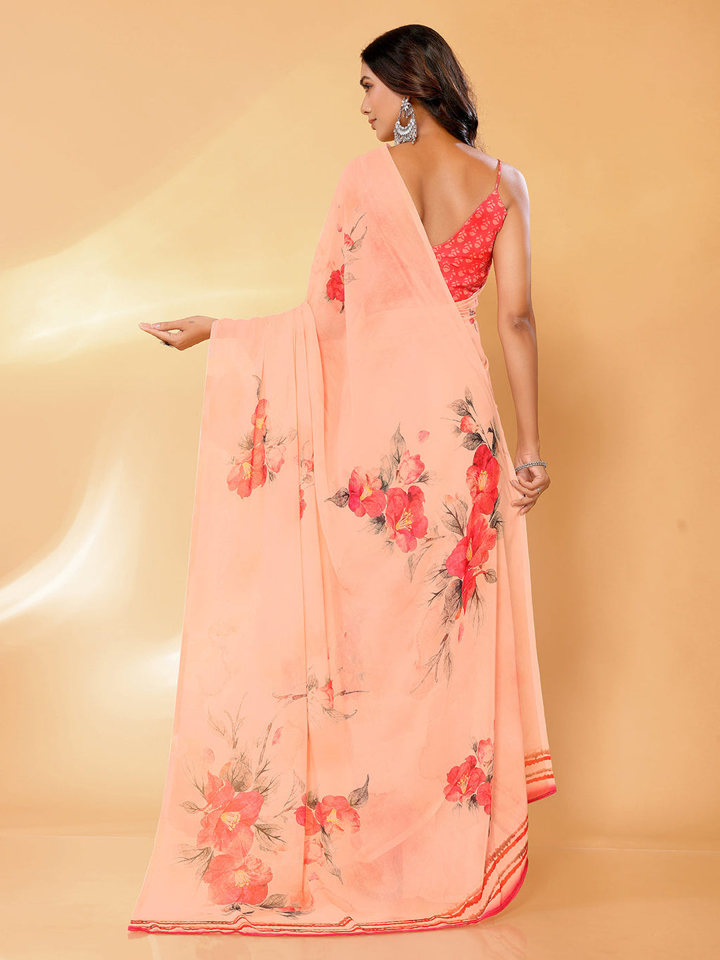 Janasya Peach Georgette Floral Printed Saree